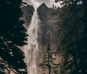 Preview wallpaper waterfall, cliff, trees, water, rock