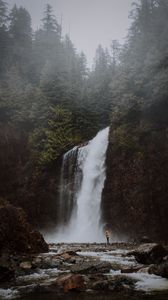 Preview wallpaper waterfall, cliff, trees, river, landscape