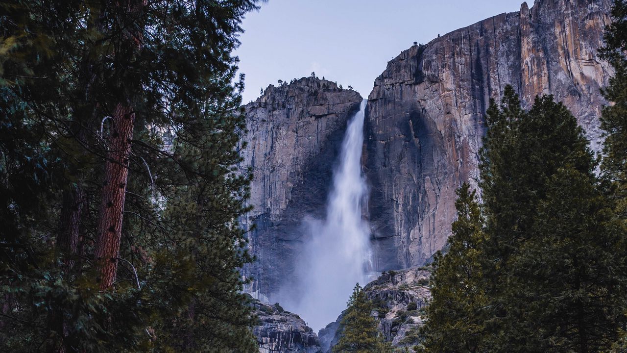 Wallpaper waterfall, cliff, trees, stones, nature