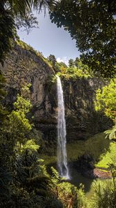 Preview wallpaper waterfall, cliff, trees, vegetation, nature
