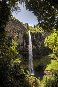 Preview wallpaper waterfall, cliff, trees, vegetation, nature