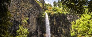 Preview wallpaper waterfall, cliff, trees, vegetation, nature