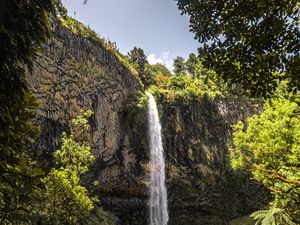 Preview wallpaper waterfall, cliff, trees, vegetation, nature