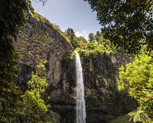 Preview wallpaper waterfall, cliff, trees, vegetation, nature