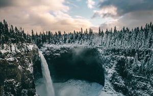 Preview wallpaper waterfall, cliff, trees, snow, snowy