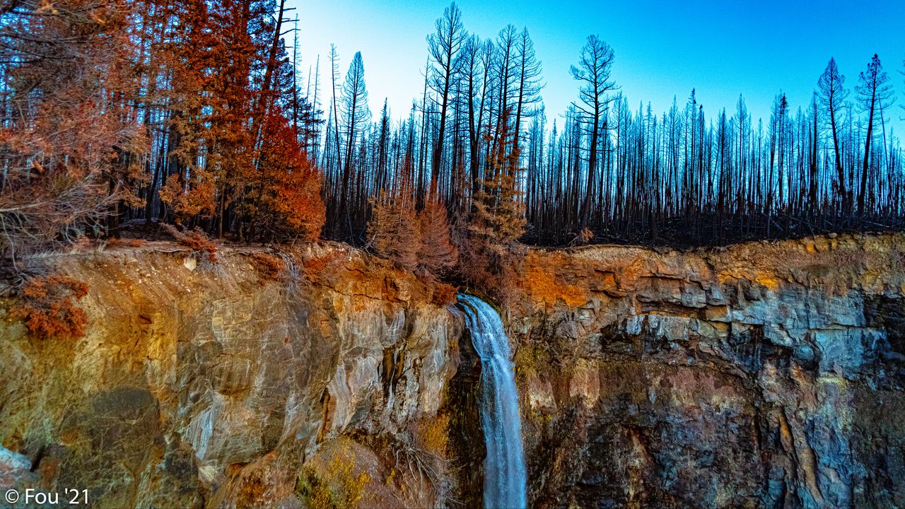 Wallpaper waterfall, cliff, trees, forest, landscape