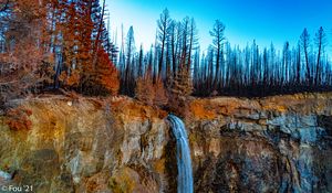 Preview wallpaper waterfall, cliff, trees, forest, landscape