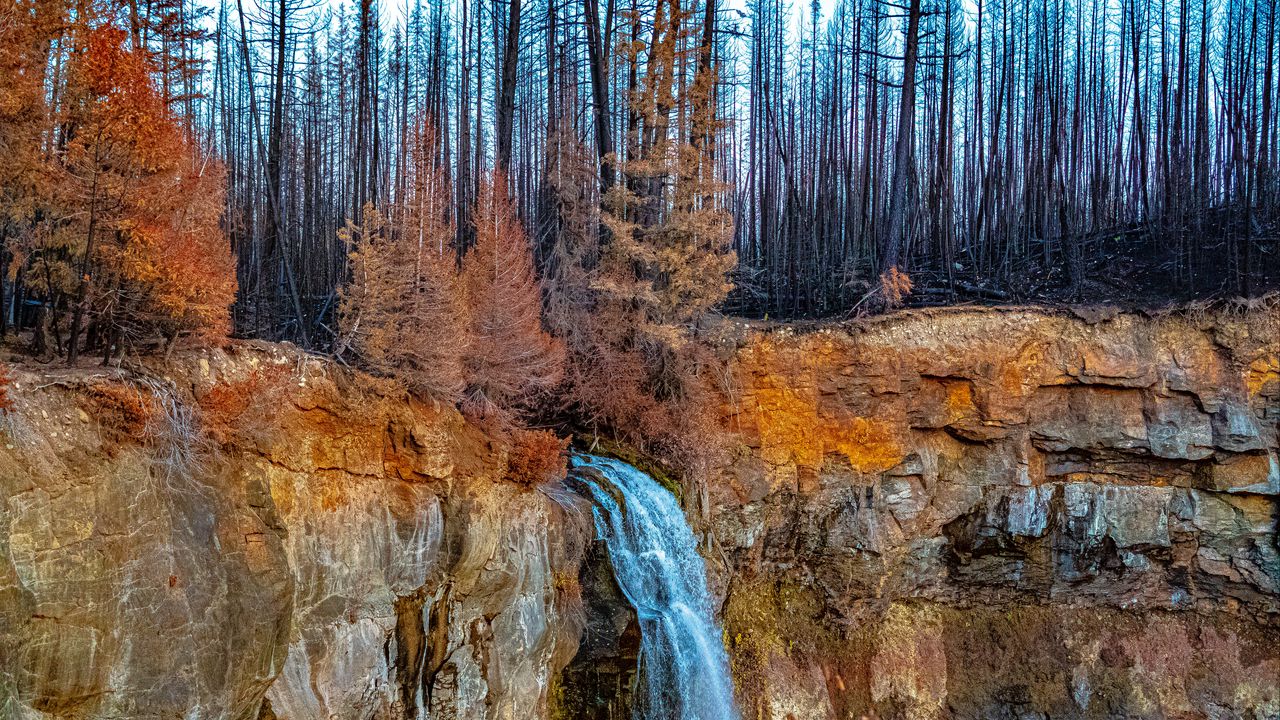 Wallpaper waterfall, cliff, trees, landscape, autumn