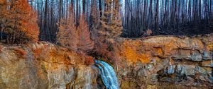 Preview wallpaper waterfall, cliff, trees, landscape, autumn