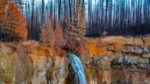 Preview wallpaper waterfall, cliff, trees, landscape, autumn