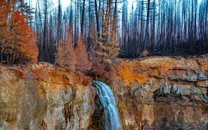 Preview wallpaper waterfall, cliff, trees, landscape, autumn