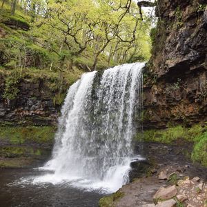 Preview wallpaper waterfall, cliff, trees, nature