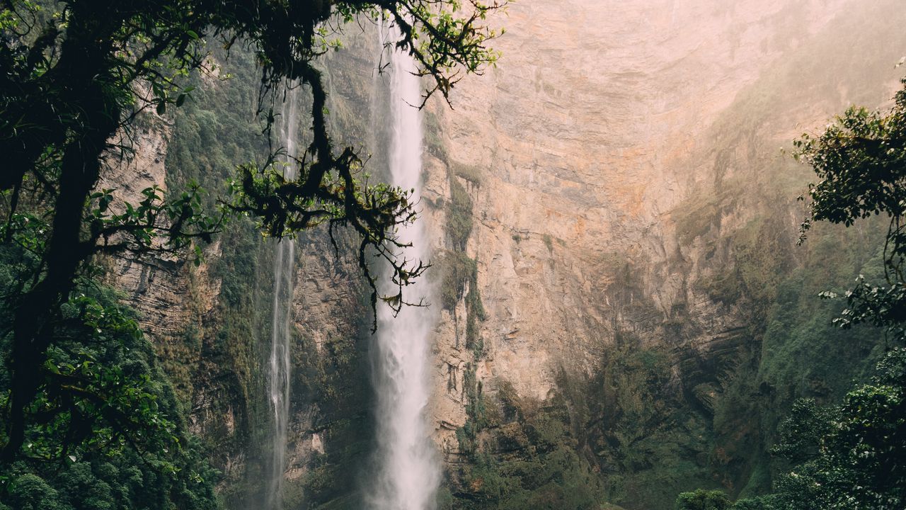 Wallpaper waterfall, cliff, water, spray, fog