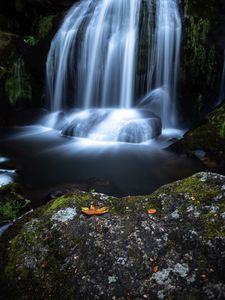 Preview wallpaper waterfall, cliff, water, stream, long exposure