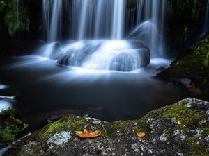 Preview wallpaper waterfall, cliff, water, stream, long exposure