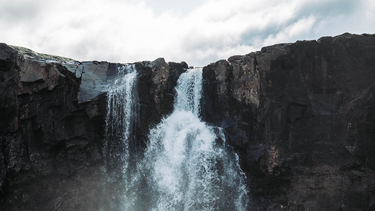 Wallpaper waterfall, cliff, water, stones, landscape hd, picture, image