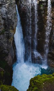 Preview wallpaper waterfall, cliff, water, rocks, moss