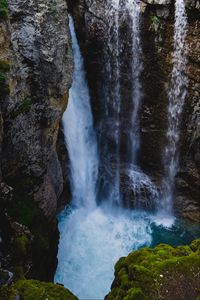 Preview wallpaper waterfall, cliff, water, rocks, moss