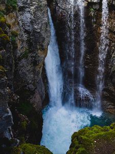 Preview wallpaper waterfall, cliff, water, rocks, moss