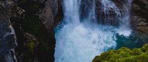 Preview wallpaper waterfall, cliff, water, rocks, moss