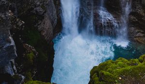 Preview wallpaper waterfall, cliff, water, rocks, moss
