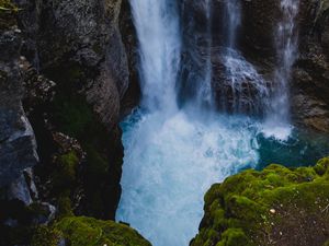 Preview wallpaper waterfall, cliff, water, rocks, moss