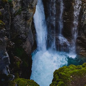 Preview wallpaper waterfall, cliff, water, rocks, moss