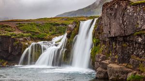 Preview wallpaper waterfall, cliff, water, landscape