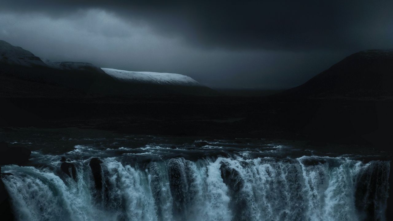 Wallpaper waterfall, flow, fog, dark, overcast