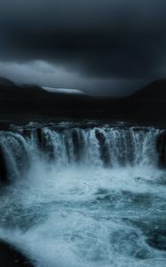 Preview wallpaper waterfall, flow, fog, dark, overcast