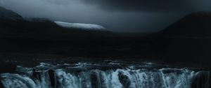 Preview wallpaper waterfall, flow, fog, dark, overcast