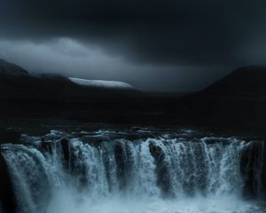 Preview wallpaper waterfall, flow, fog, dark, overcast