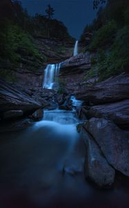 Preview wallpaper waterfall, flow, starry sky, twilight, night