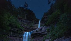 Preview wallpaper waterfall, flow, starry sky, twilight, night