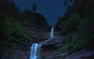 Preview wallpaper waterfall, flow, starry sky, twilight, night
