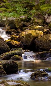 Preview wallpaper waterfall, flow, stones, moss, blocks