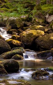 Preview wallpaper waterfall, flow, stones, moss, blocks