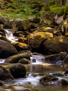 Preview wallpaper waterfall, flow, stones, moss, blocks