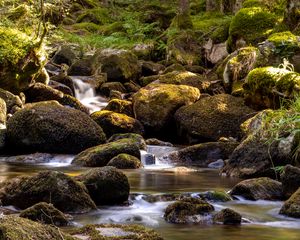 Preview wallpaper waterfall, flow, stones, moss, blocks