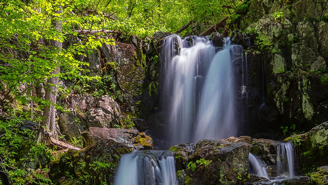 Wallpaper waterfall, flow, stones, driftwood