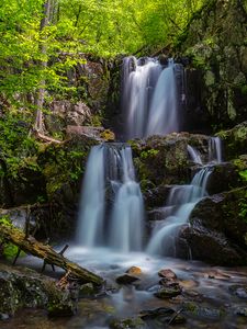 Preview wallpaper waterfall, flow, stones, driftwood