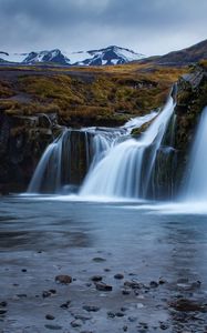 Preview wallpaper waterfall, flow, water, mountains