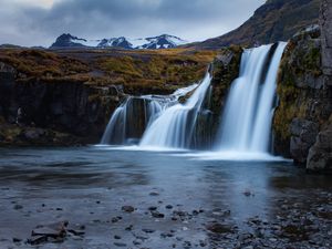 Preview wallpaper waterfall, flow, water, mountains