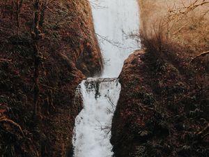 Preview wallpaper waterfall, flow, water, grass, branches, autumn