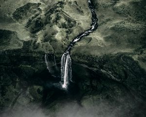 Preview wallpaper waterfall, fog, aerial view, water, flow, green