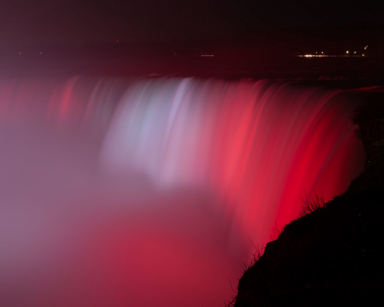 1280x1024 Wallpaper waterfall, fog, backlight, red, dark