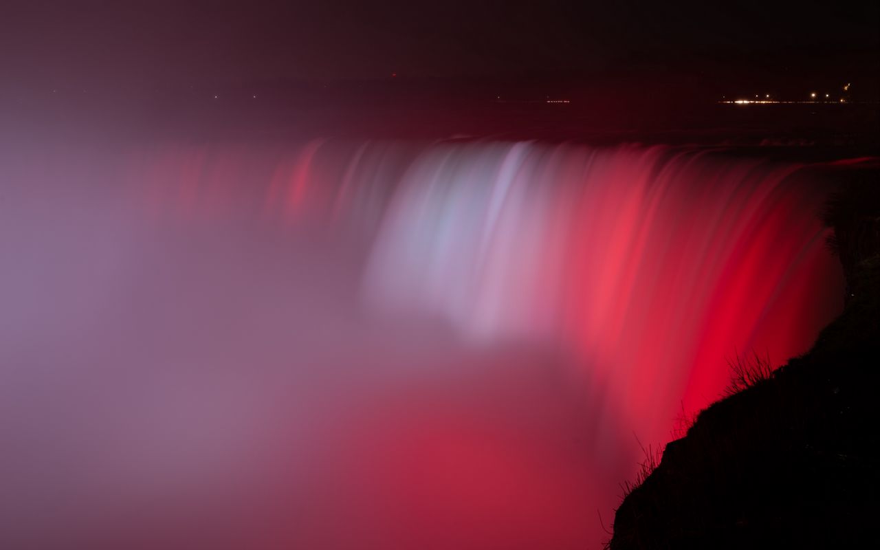 1280x800 Wallpaper waterfall, fog, backlight, red, dark