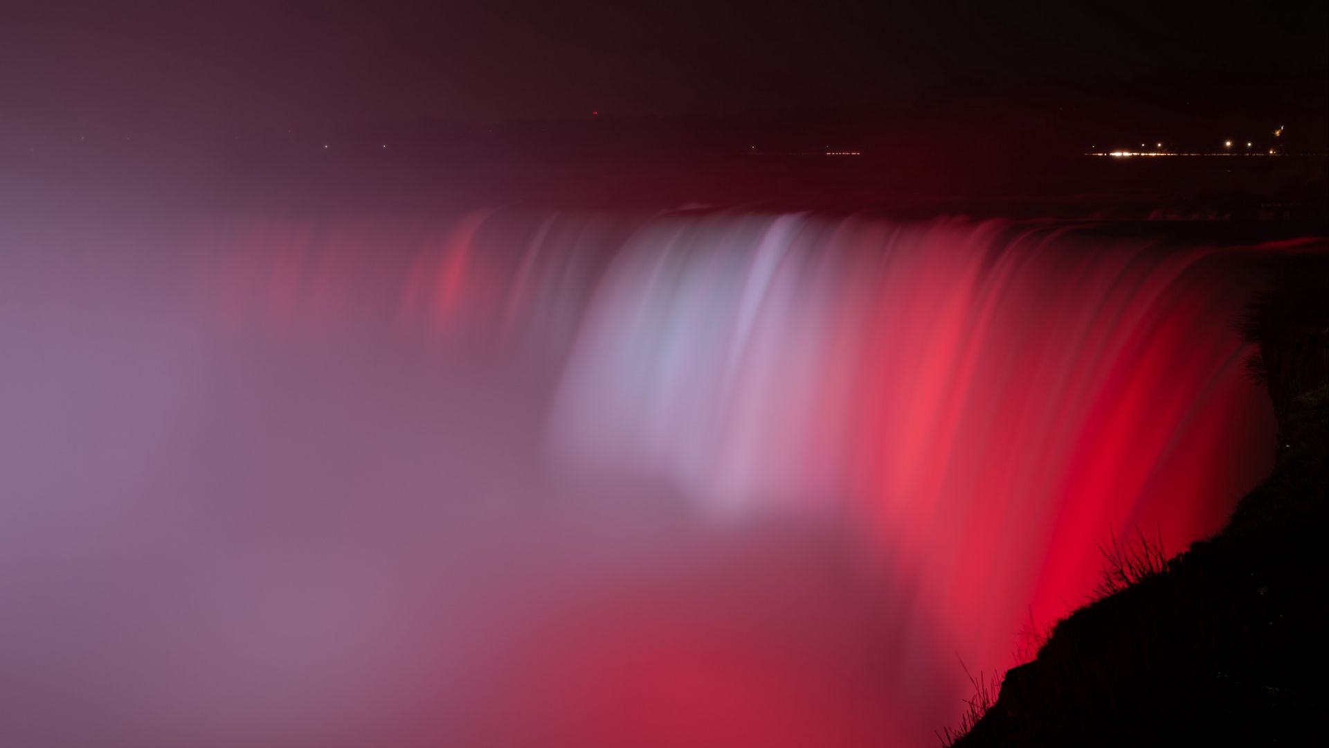 1920x1080 Wallpaper waterfall, fog, backlight, red, dark