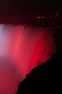 Preview wallpaper waterfall, fog, backlight, red, dark