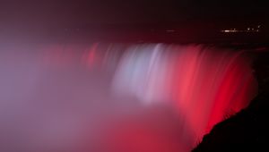 Preview wallpaper waterfall, fog, backlight, red, dark